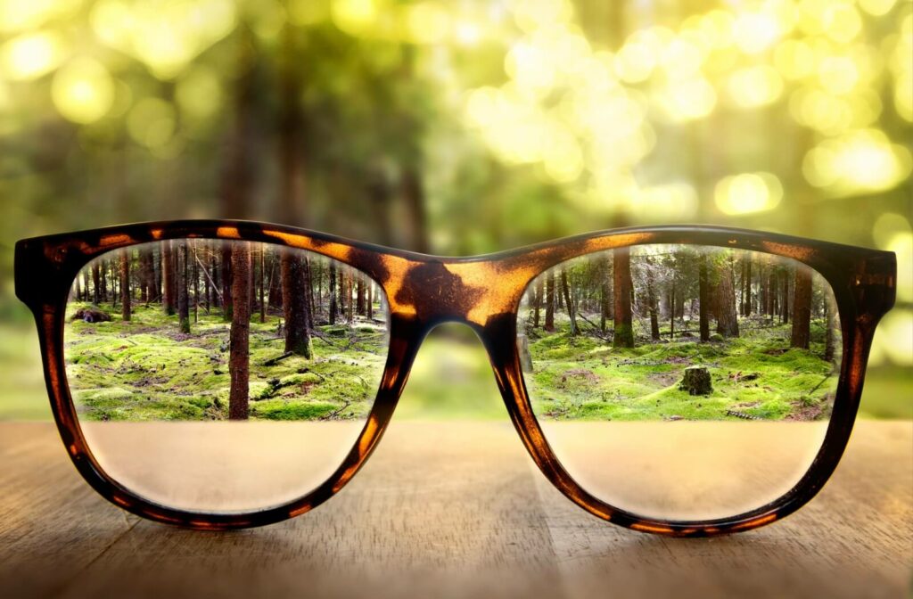 A pair of glasses facing a forest view. The forest is blurry except the imagery within the glasses lenses are clear.