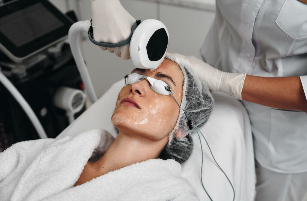 A patient undergoes IRPL therapy to address visible signs of aging and target dry eye symptoms.