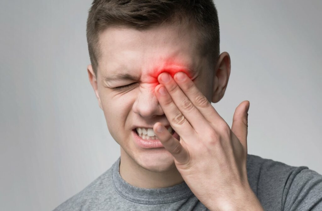 A person in a gray shirt squeezes his eyes shut and presses his hand against one eye, highlighted with a red glow to indicate pain or infection.
