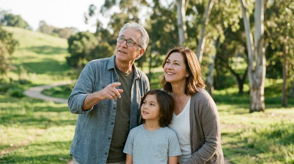 A family is looking at the view in a park.