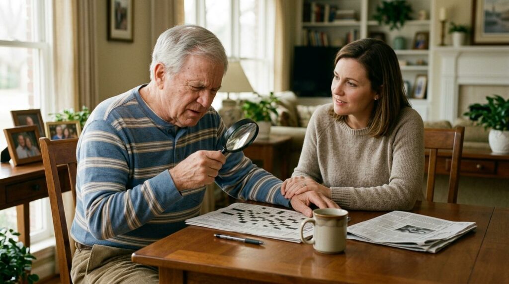 An older adult patient is using a magnifying glass to read the newspaper.