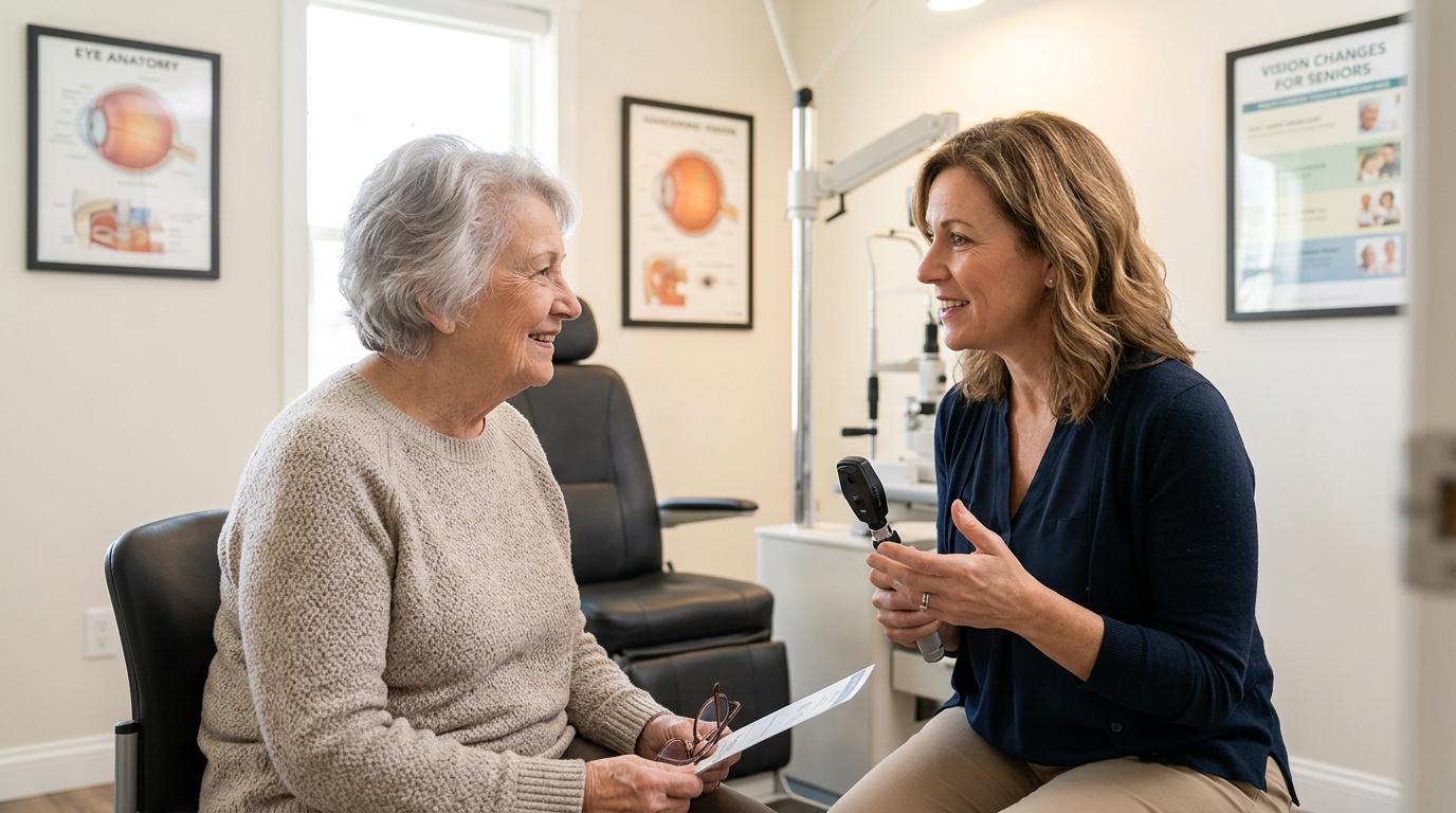 A senior adult consults with an eye doctor at the clinic.