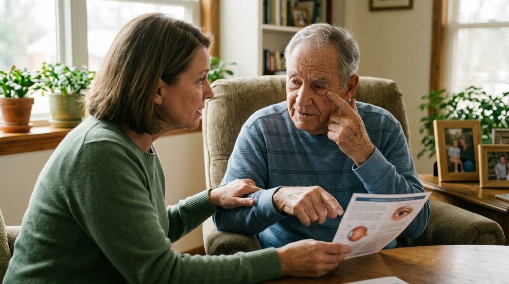 Eye doctor examining an older adult patient's eyes for glaucoma using a slit lamp at a Longview eye clinic.