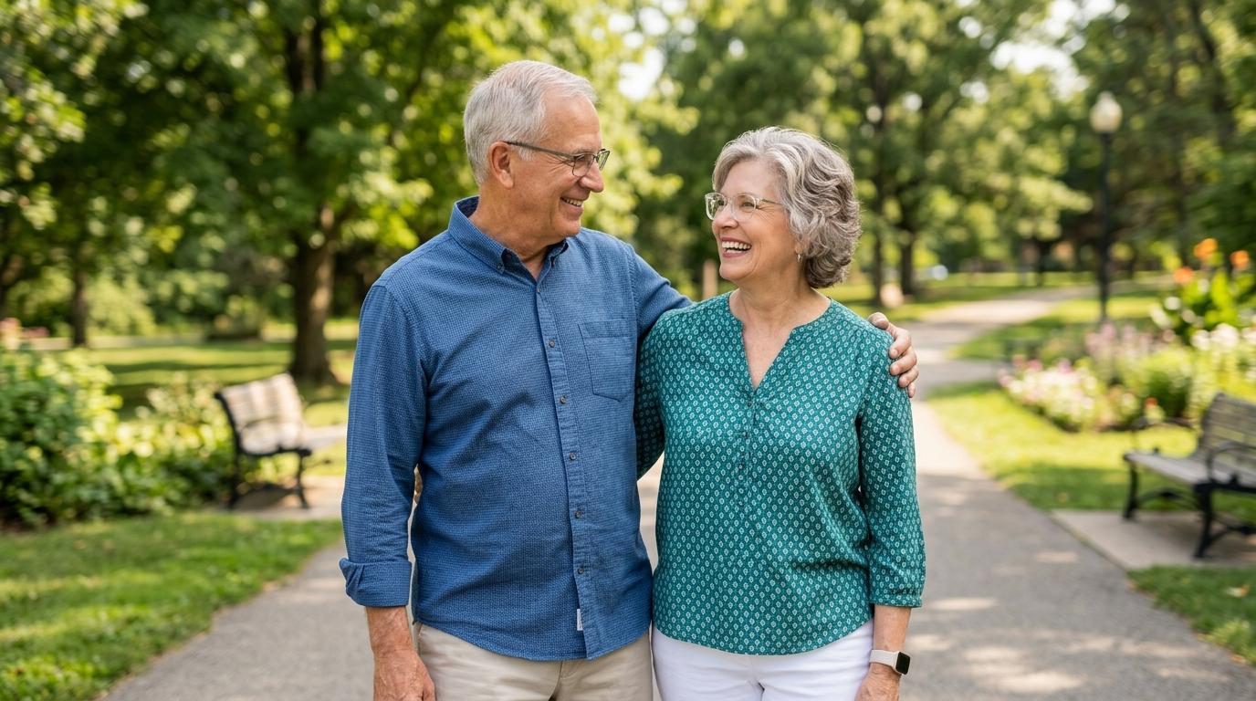 Older adults enjoying a stroll outside, both wearing glasses.