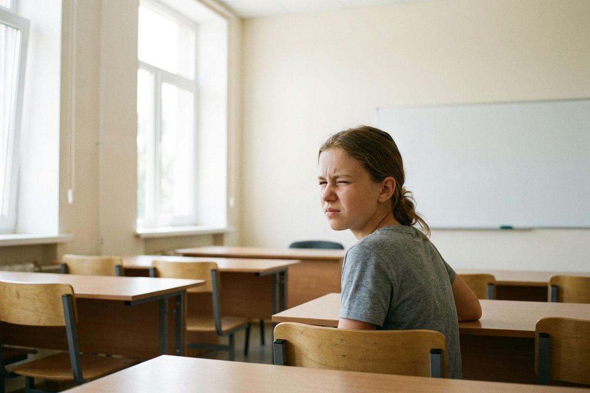 A child sits alone at a wooden desk in an empty classroom, squinting, with a whiteboard with a bright window nearby.