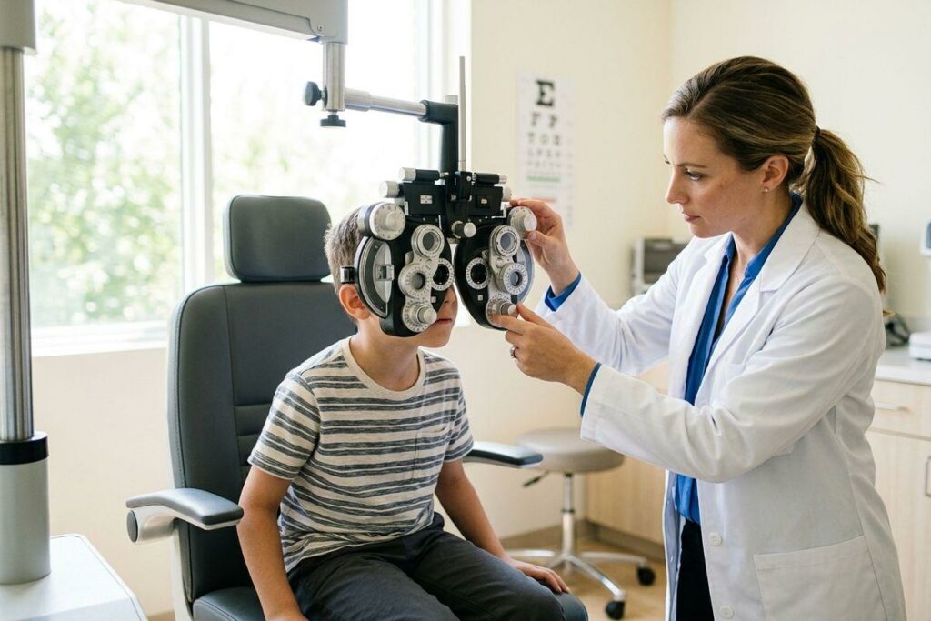 An optometrist adjusts a phoropter for a child seated in an exam chair, with an eye chart on the wall behind them.