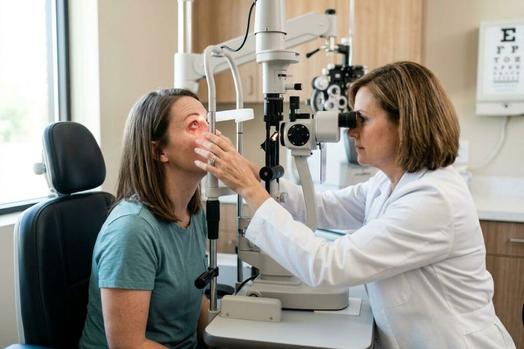 Optometrist examines a seated patient's eye through a slit lamp in an exam room, with an eye chart on the wall behind.
