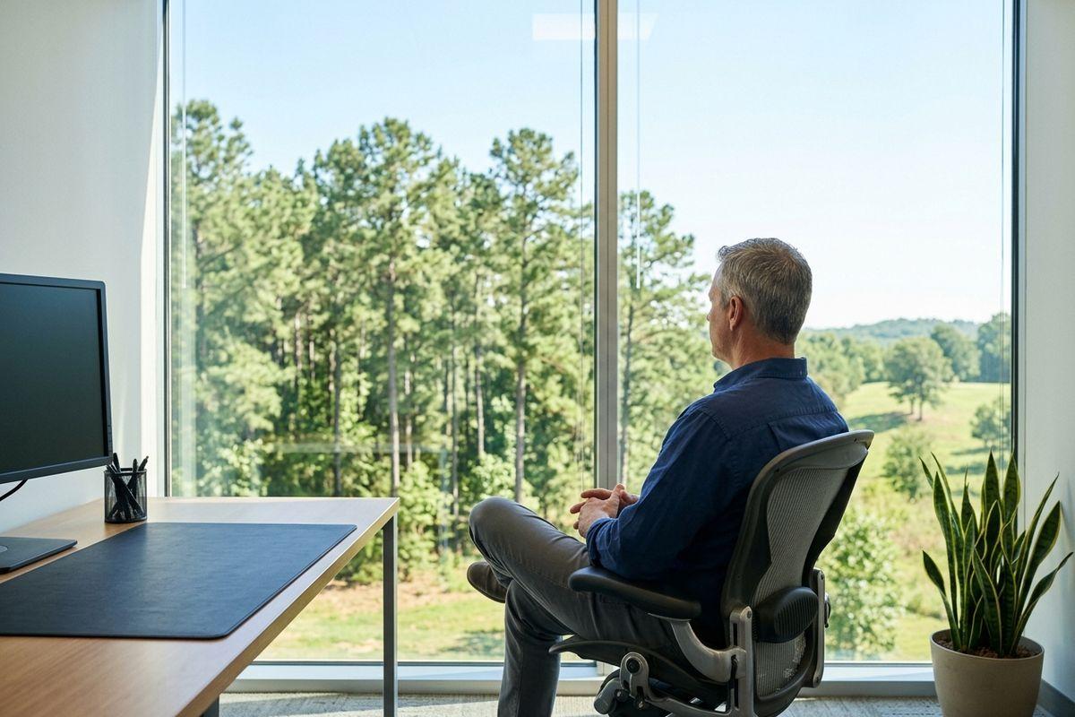 A person sits in an office chair at a desk, gazing out large windows at trees and green fields.