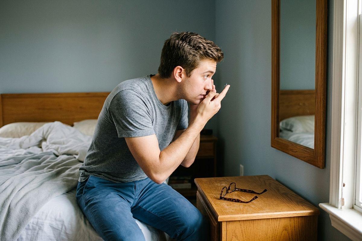 A person sitting on a bed inserting a contact lens, looking into mirror, glasses resting on nightstand.
