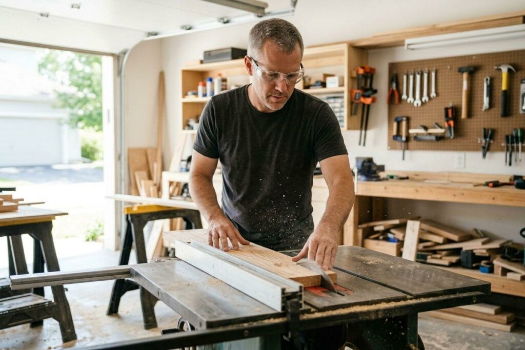 Adult in safety glasses cutting a board on a table saw in a garage workshop, with tools hanging on a pegboard wall behind.