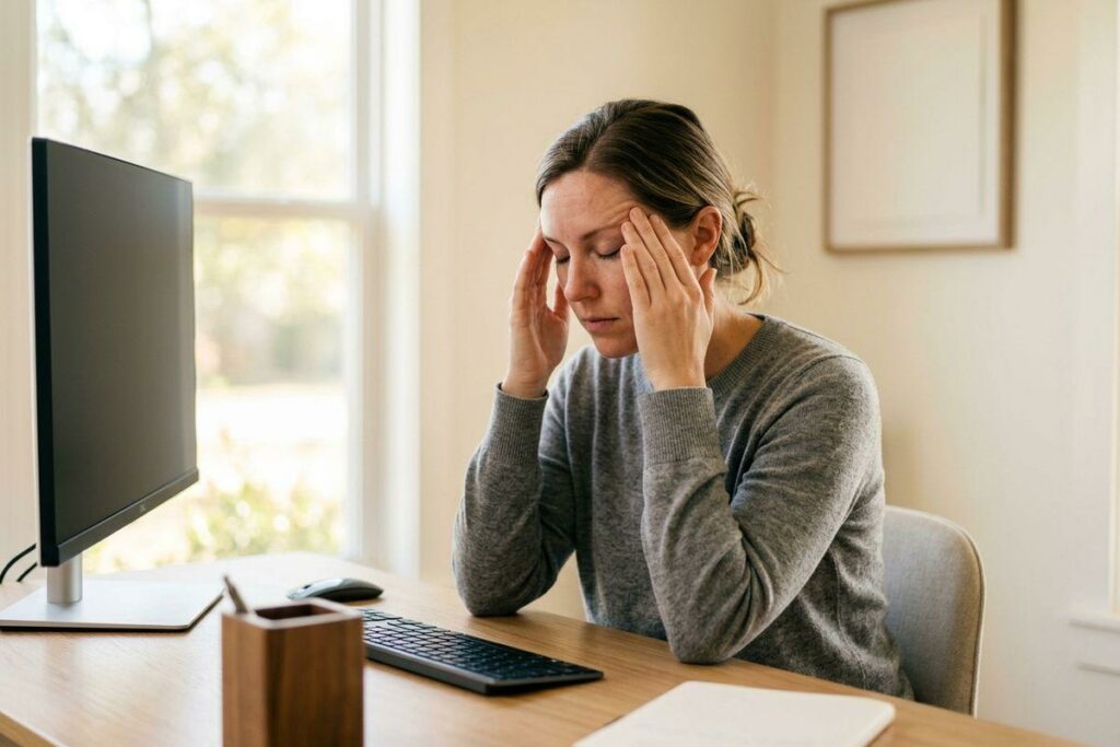 An adult sitting at a desk with a computer, pressing fingertips to temples, eyes closed, looking strained.