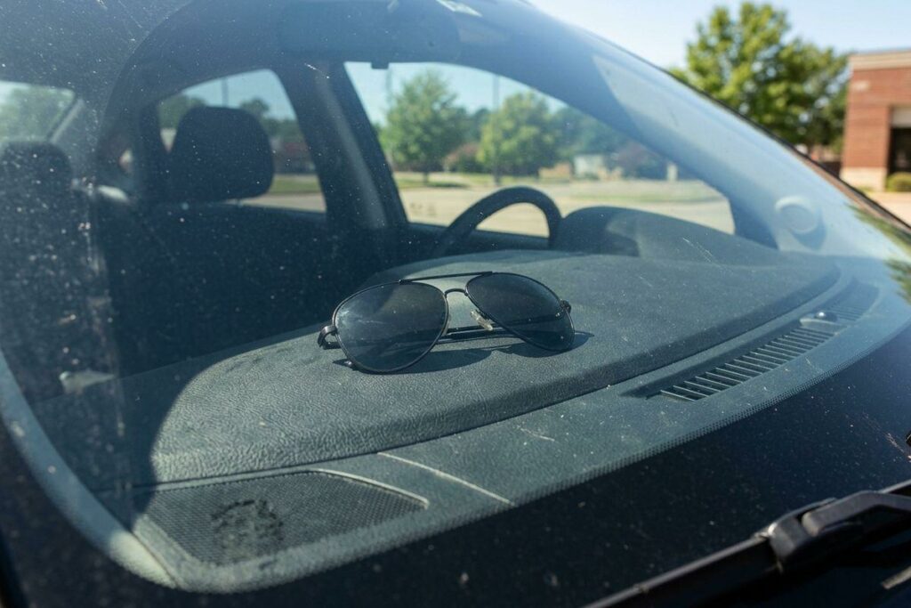Aviator sunglasses left on a car dashboard, seen through the windshield, with trees and a brick building reflected in the glass.