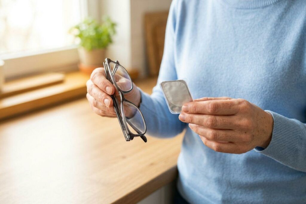 Close-up of a person holding eyeglasses and a cleaning cloth wipe near a wooden countertop indoors.