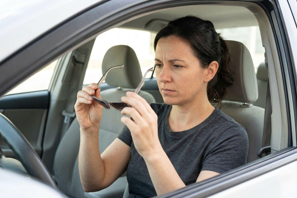 Person in a car's driver seat holding sunglasses in both hands, examining them with a frowning expression through the open window.