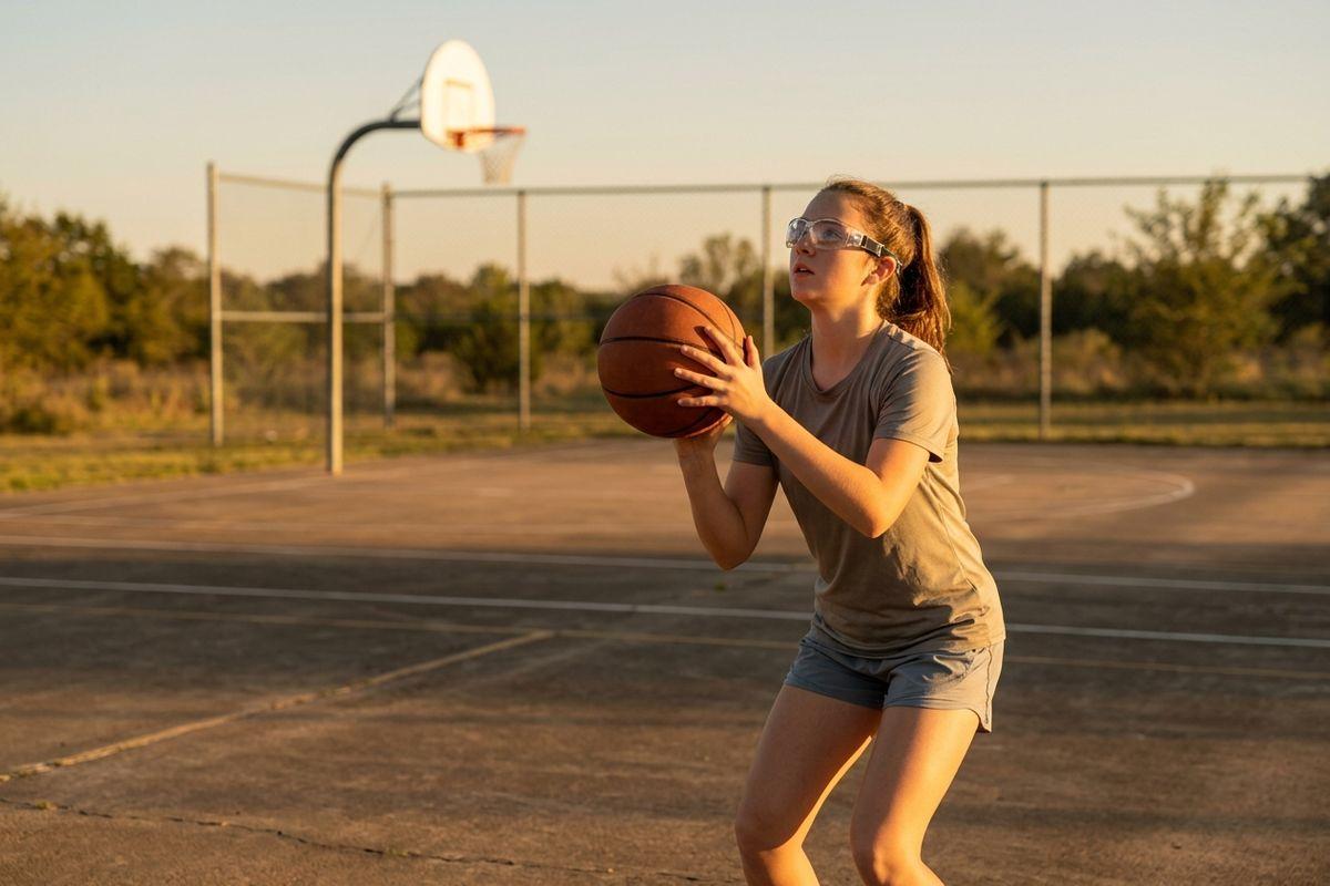Teen wearing sports goggles holds a basketball in shooting stance on an outdoor court, focused on the hoop behind them at sunset.