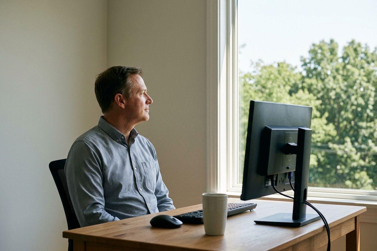 An adult sitting at a desk with a computer monitor, gazing out a window at trees.