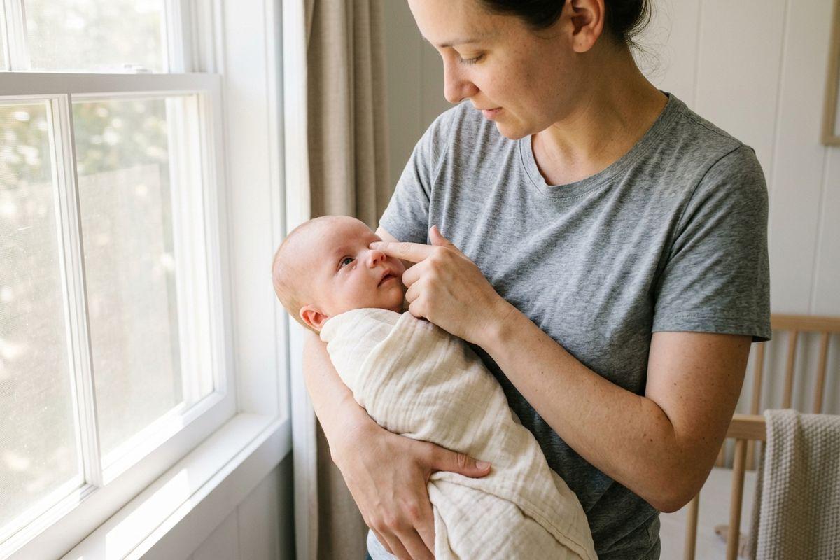 An adult smiling gently while holding a swaddled newborn near a sunlit window, touching the baby's nose.