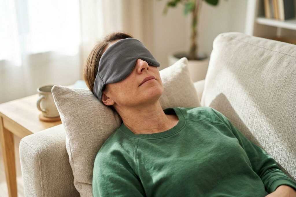 An adult wearing a sleep mask, reclining on a couch with a mug nearby, resting.