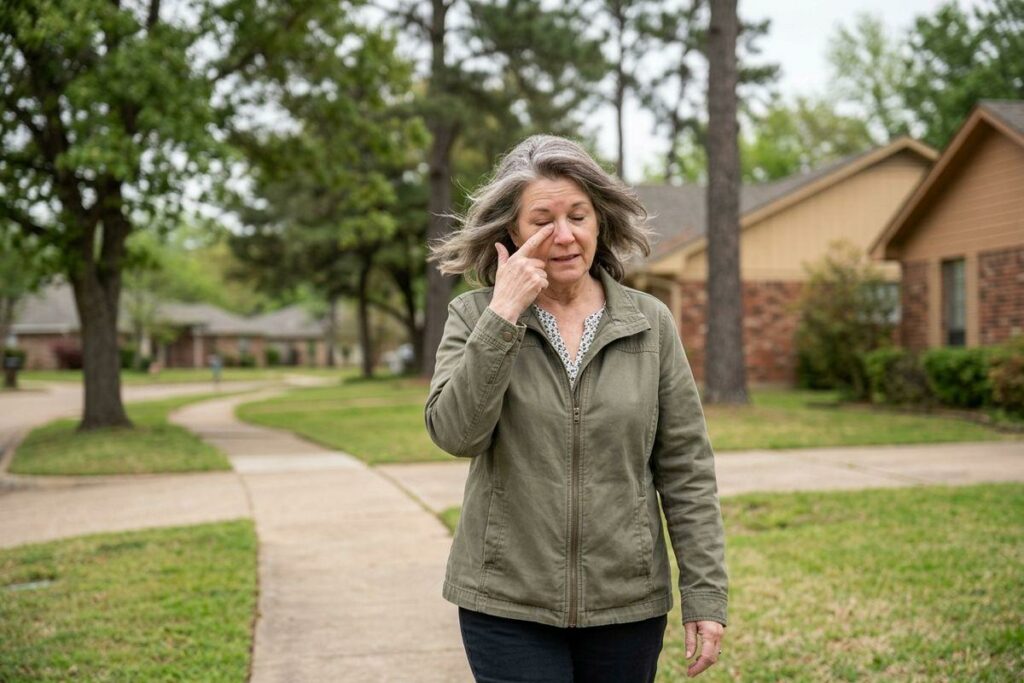 An older adult walks outdoors on a sidewalk, rubbing an eye with eyes closed, with trees and houses in the background.